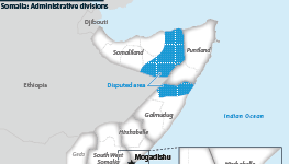 Map of Somalia's regions, with subdivisions in Jubaland region highlighted