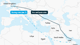 Middle East: Example overflight route alteration during the Soleimani crisis