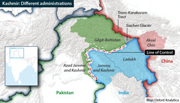 Map showing Indian-, Pakistan- and Chinese-administered parts of Kashmir