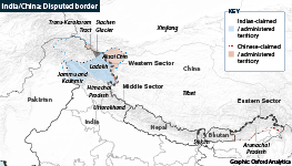 Map showing the western, middle and eastern sectors of the disputed India-China border