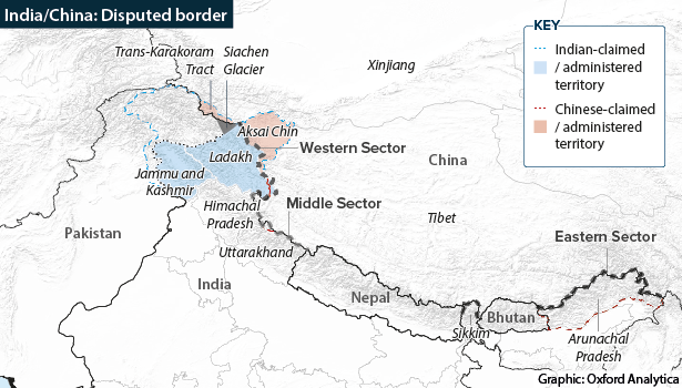 Map showing the western, middle and eastern sectors of the disputed India-China border