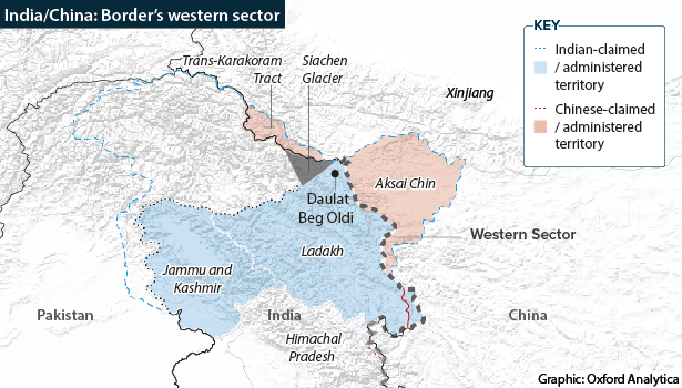 Map showing the western sector of the disputed India-China border