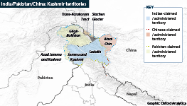 Map showing Indian-, Pakistani- and Chinese-administered parts of Kashmir