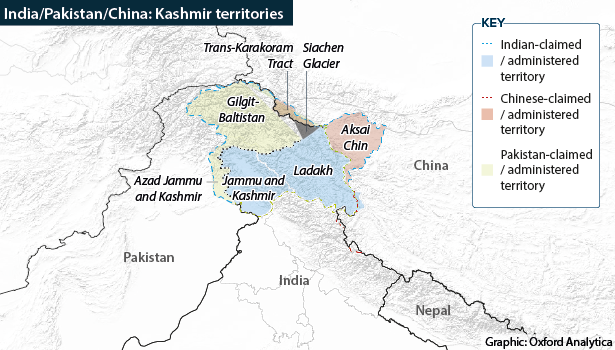 Map showing Indian-, Pakistani- and Chinese-administered parts of Kashmir
