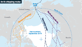 The shipping routes in and around the Greenland and the Arctic.