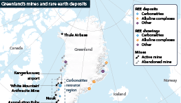 Map displaying Greenland's main natural resources and their locations, and active and closed mines.