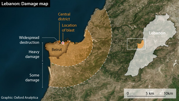 Map showing approximate radius of damage from Beirut port explosion