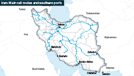 Iran: Main rail routes and southern ports, also showing neighbouring countries