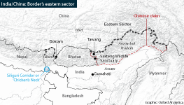Map showing the eastern sector of the India-China border, and Bhutan
