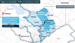 Map of Nagorno-Karabakh showing territorial changes and redrawn Russian-patrolled boundary