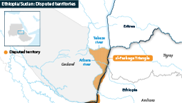 Map depicting disputed territories along the Ethiopia-Sudan border. 