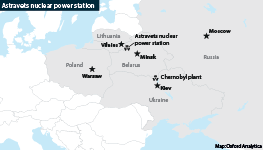 Map showing the location of the Astravets nuclear power station
