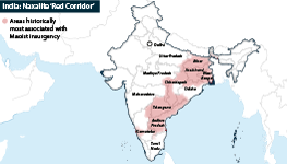 Map showing areas of India historically associated with Maoist insurgency