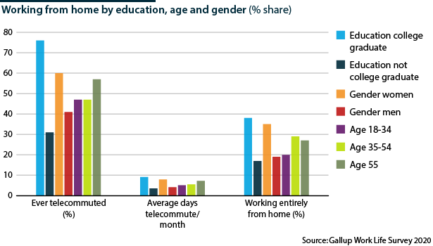 Remote work share by age, gender and education            