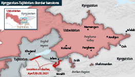 Map of Tajik-Kyrgyz-Uzbek borders showing location of end-April clashes
