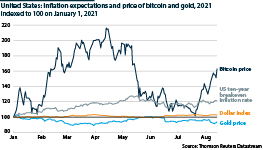 US CPI expectations and price of gold and bitcoin, 2021