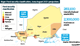 Map of Niger showing food crisis, refugee and IDP locations