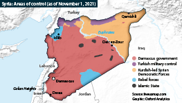 Syria: Areas of control as of November 1, 2021, showing government, Turkey, SDF, rebels and IS