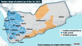 Yemen: Areas of control as of November 24, 2021, showing the Huthi, Hadi and al-Qaida presence