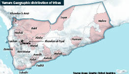 Yemen: Geographic distribution of tribes in map showing main areas