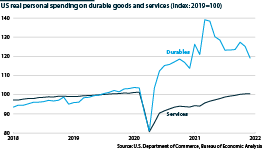 US spending on services and durable goods, 2018-2021