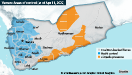 Areas of control in Yemen's civil war as at April 11, 2022