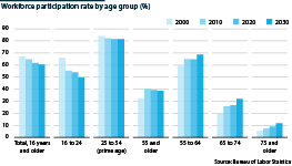 Forecasts for workforce participation by age, 2010 to 2030
