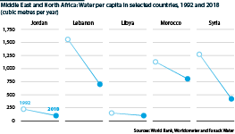 Middle East and North African water per capita in selected countries, 1992 and 2018