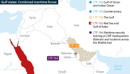 The map shows the locations of the Combined Maritime Forces' task forces in the Gulf region
