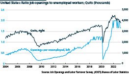 US quits and ratio job openings to unemployed workers