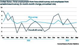 US employment growth, surveys from firms & households