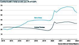 ECB and US Federal Reserve total assets to GDP, 2014-23
