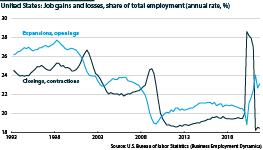 United States employment losses and gains since 1993