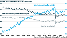 United States participation, total and over 65s, 2000-23