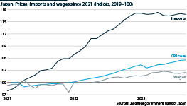 A line graph showing prices, imports and wages in Japan since 2021 (indices, 2019=100)