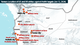 The map shows the location of US and UK airstrikes in Yemen on January 12