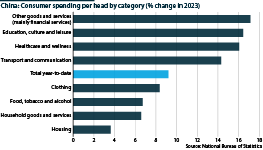 Bar chart showing China's consumer spending per head by category (% change year to date)