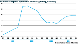 A line graph showing consumption expenditure per head in China (quarterly, % change)
