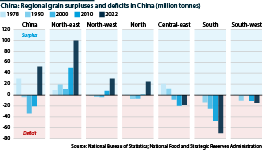 A bar chart showing regional grain surpluses and deficits in China