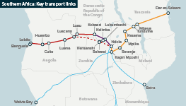 Key road and rail links for minerals exports from Central and Southern Africa