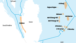 Map detailing the locations of oil fields in and around Qatar