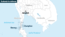 Map showing the location of the Kra Isthmus, where Thailand plans to build a road-and-rail land bridge