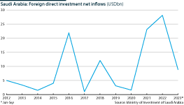 The chart shows foreign direct investments into Saudi Arabia 2013-23