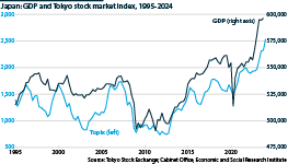 Tokyo stock market index and Japan GDP from 1995 to 2024
