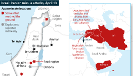 Israel: Map of Iranian missile and drone attacks on April 13, showing reported launch sites and impacts