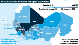 Per capita cereal production varies enormously across the region