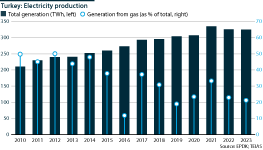 Turkey: Electricity production, 2010-23, total and proportion from gas