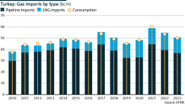 Turkey: Gas imports by type and consumption, 2010-23