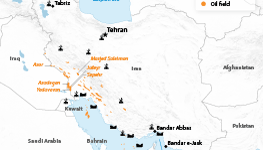 Iran: Map of oil fields and infrastructure, showing refineries and terminals