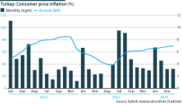 Turkey: Consumer price inflation, monthly and annual, Jan 2022 - April 2024